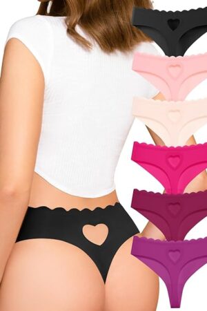 Womens Seamless Thongs Underwear No Show Thong Wave-waisted Invisible Panties Sexy Heart Cutout for Ladies 6 Pack