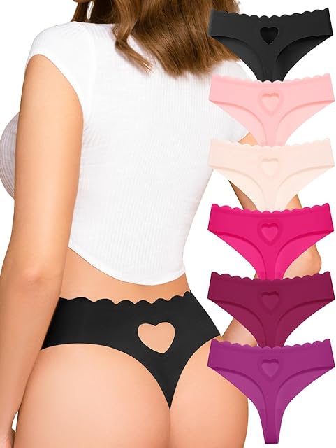 Womens Seamless Thongs Underwear No Show Thong Wave-waisted Invisible Panties Sexy Heart Cutout for Ladies 6 Pack