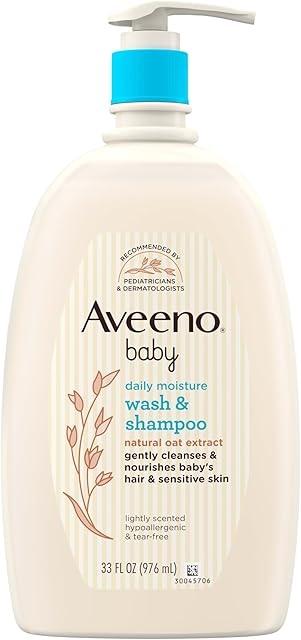 Aveeno Baby Daily Moisture Gentle Bath Wash & Shampoo with Natural Oat Extract, Hypoallergenic, Tear-Free & Paraben-Free Formula For Sensitive Hair & Skin, Lightly Scented, 33 fl oz