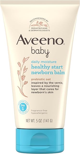 Aveeno Baby Healthy Start Nourishing Newborn Balm, Hypoallergenic Baby Skin Balm with Prebiotic Oat Leaves a Nourishing Layer to Care for Newborn Skin, Fragrance-Free, 5 oz
