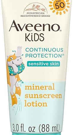 Aveeno Kids Continuous Protection Zinc Oxide Mineral Sunscreen Lotion for Children's Sensitive Skin with Broad Spectrum SPF 50, Tear-Free, Sweat- & Water-Resistant, Non-Greasy, 3 fl oz