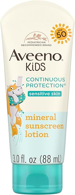Aveeno Kids Continuous Protection Zinc Oxide Mineral Sunscreen Lotion for Children's Sensitive Skin with Broad Spectrum SPF 50, Tear-Free, Sweat- & Water-Resistant, Non-Greasy, 3 fl oz