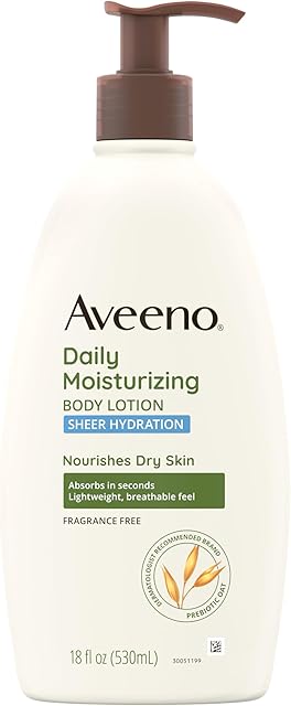 Aveeno Sheer Hydration Daily Moisturizing Fragrance-Free Lotion with Nourishing Prebiotic Oat, Fast-Absorbing Body Moisturizer for Dry Skin with Lightweight, Breathable Feel, 18 fl oz