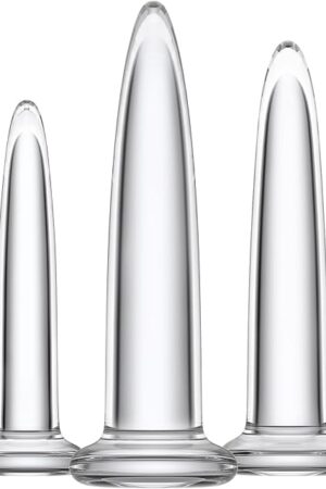 Glass Anal Dilator Set - Trainer Graduated 3-Size Kit - Crystal Clear Glass Butt Plug for Anal Dilation and Training