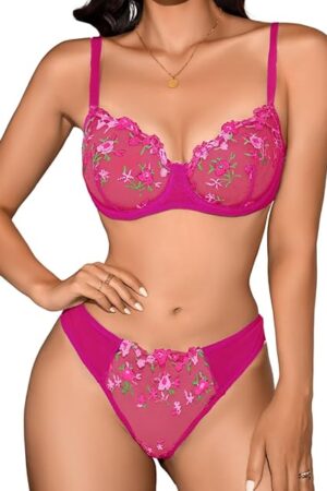 Colorful Lingerie, Floral Embroidery, Underwire Bra And Panty Set