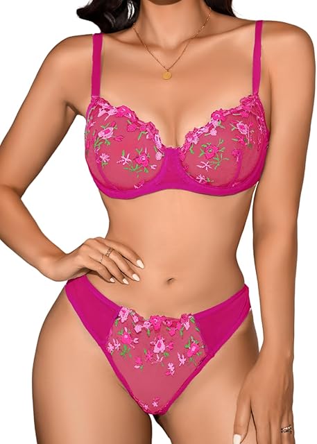 Colorful Lingerie, Floral Embroidery, Underwire Bra And Panty Set