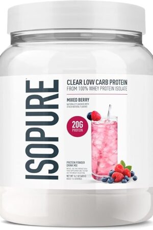Isopure Clear Whey Isolate Protein Powder, Lactose Free, Gluten Free, Naturally Flavored, Mixed Berry, 20g Protein Per Serving, 141 Oz, 16 Servings (Packaging May Vary)