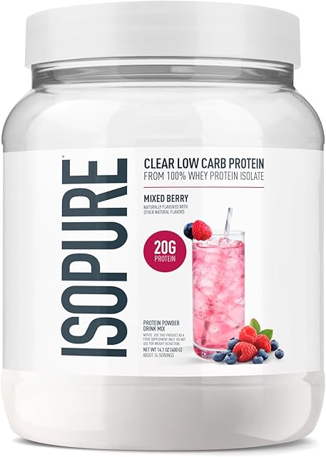 Isopure Clear Whey Isolate Protein Powder, Lactose Free, Gluten Free, Naturally Flavored, Mixed Berry, 20g Protein Per Serving, 141 Oz, 16 Servings (Packaging May Vary)