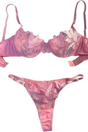Women's Floral Embroidered Lingerie 2 Piece Sheer Underwire Bra and Panty Set