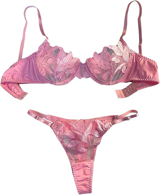Women's Floral Embroidered Lingerie 2 Piece Sheer Underwire Bra and Panty Set