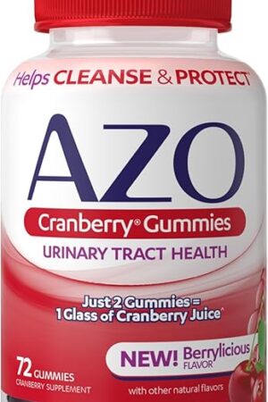 AZO Cranberry Urinary Tract Health Gummies Dietary Supplement, 2 Gummies = 1 Glass of Cranberry Juice, Helps Cleanse & Protect, Natural Berrylicious Flavor, Non-GMO, 72 Gummies