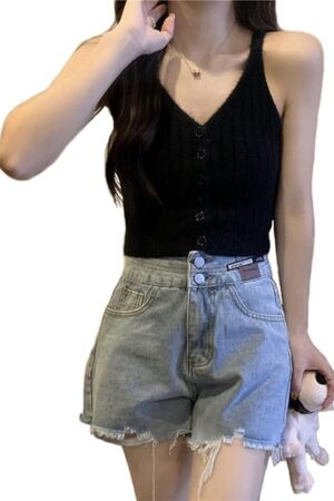 Women Sexy Strap Knit Button Down Cami Crop Top for XS/S/M/L