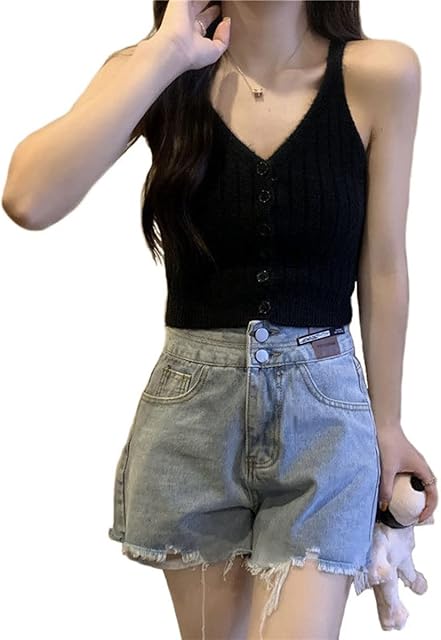 Women Sexy Strap Knit Button Down Cami Crop Top for XS/S/M/L
