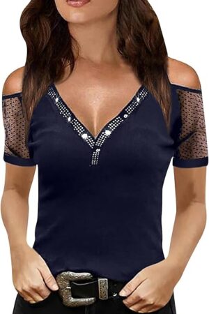 Womens Sexy Cold Shoulder Rhinestone Tops Solid Color V Neck Bling Shirts Summer Mesh Short Sleeve Tunic Blouses