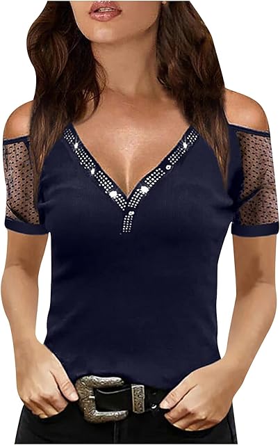 Womens Sexy Cold Shoulder Rhinestone Tops Solid Color V Neck Bling Shirts Summer Mesh Short Sleeve Tunic Blouses