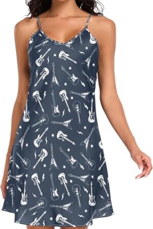 Womens Satin Nightgown Spaghetti Strap Guitar Rock Sleepwear Sexy V Neck Lingerie Dress Nightwear