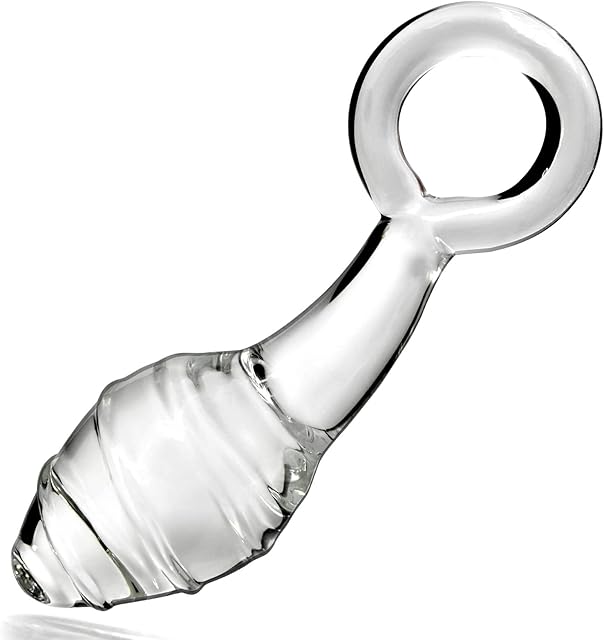 Glass Butt Plug with Pull Loop Anal Plug Prostate Massager with Spiral Texture, Long Neck and Tapered Head Fetish Anal Dilator Masturbation Sex Toy for Men Women, 590 x 177 inch TJIJP Transparent