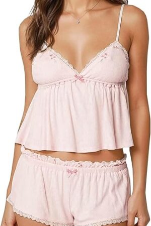 Women's Y2K Lace Pajamas Set 2 Piece Lounge Set Sleeveless V Neck Cami Tops Lace Trim Shorts Sleepwear