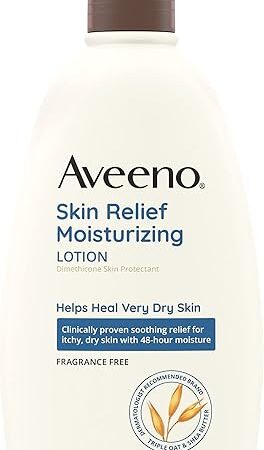 Aveeno Skin Relief Fragrance-Free Moisturizing Lotion for Sensitive Skin, with Natural Shea Butter & Triple Oat Complex, Unscented Therapeutic Body Lotion for Itchy, Extra-Dry Skin, 18 fl oz