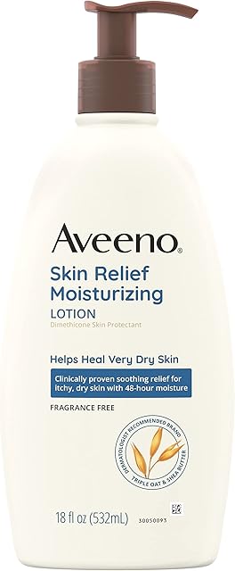 Aveeno Skin Relief Fragrance-Free Moisturizing Lotion for Sensitive Skin, with Natural Shea Butter & Triple Oat Complex, Unscented Therapeutic Body Lotion for Itchy, Extra-Dry Skin, 18 fl oz