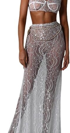 Women 2Pcs Lingerie Set Lace See-Through Sleeveless Camisoles High Waist Long Skirts with Chain Sleepwear