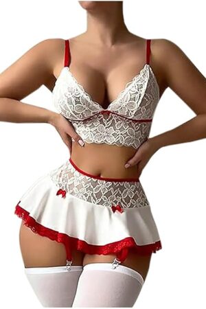 Women's Sexy Floral Lace Lingerie Sets, Spaghetti Strap Sleeveless Erotic Bra Push Up Support Bras and Short Skirts