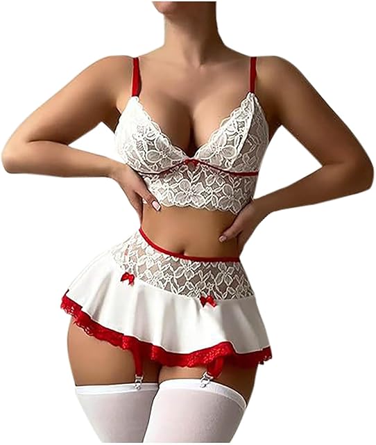 Women's Sexy Floral Lace Lingerie Sets, Spaghetti Strap Sleeveless Erotic Bra Push Up Support Bras and Short Skirts