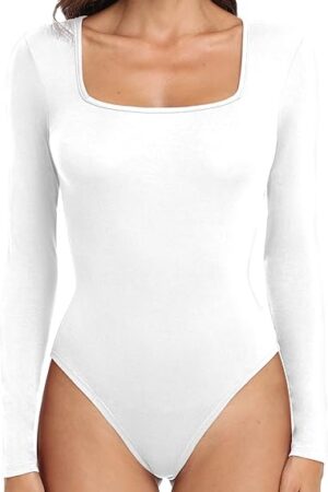 Women's Square Neck Short Sleeve Bodysuit Slim Fit Sexy Body Suit Basic Jumpsuit Shirts