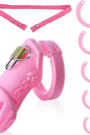 Chastity Cage with Chastity Belt, Silicone Cock Cage & Strap, Male Chastity Devices 5 Cock Rings Bondage Restraints, Breathable Penis Cage Exercise and Abstinence, BDSM Games Sex Toy for Men (Large)