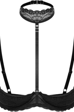 Womens Sexy 1/4 Cup Lace Bra Unlined Plunge Bras with Choker Underwired Balconette