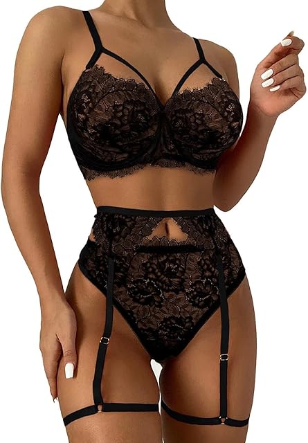 Women Lingerie Sets with Garter Belt 3 Piece Lace Teddy Babydoll Bodysuit Bra and Panty Sets Combo
