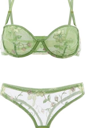 Women's 2 Piece Lingerie Set Mesh Floral Embroidered Babybdoll Lingerie Bra and Panty Set