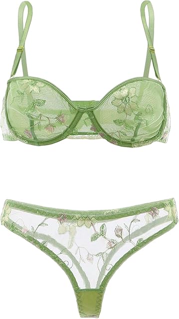 Women's 2 Piece Lingerie Set Mesh Floral Embroidered Babybdoll Lingerie Bra and Panty Set
