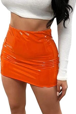 Women Neon Leather Bodycon Mini Skirt Skirts Sexy Shiny Liquid Metallic Wet Look Latex Skirt