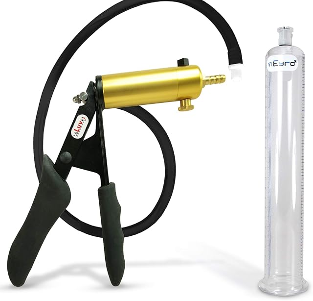 LeLuv Ultima Penis Pump Kit, Brass w/Premium Black Silicone Grips and Hose - 9" x 1.35" Round-Flange Cylinder