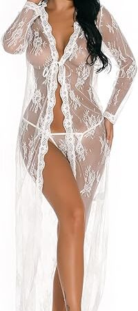 Women Long Lace Lingerie Kimono Robe Sexy Sheer Babydoll Nightgown with Thong Pajama Dress Nightdress, White XL