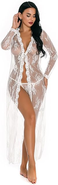Women Long Lace Lingerie Kimono Robe Sexy Sheer Babydoll Nightgown with Thong Pajama Dress Nightdress, White XL
