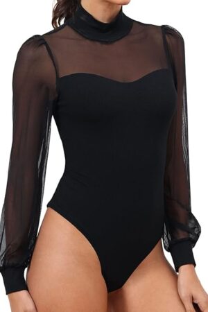 Womens Bodysuit Mock Neck Sheer Mesh Long Sleeve Tops Ribbed Sexy Bodysuits Jumpsuit
