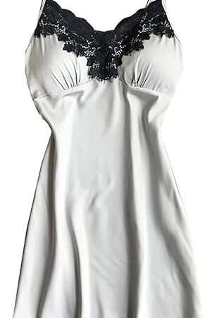 Women's Lace Nightgown Satin Silky Chemise Dress Sexy Lingerie Build in Bra Pajamas Dress V Neck Camisole Sleep Dress