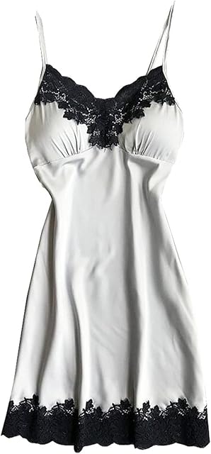 Women's Lace Nightgown Satin Silky Chemise Dress Sexy Lingerie Build in Bra Pajamas Dress V Neck Camisole Sleep Dress