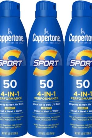 Coppertone Sport Sunscreen Spray SPF 50, Water Resistant Spray Sunscreen Bulk Pack, 55 Oz, Pack of 3