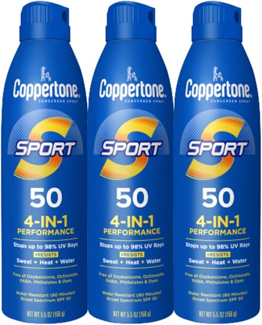 Coppertone Sport Sunscreen Spray SPF 50, Water Resistant Spray Sunscreen Bulk Pack, 55 Oz, Pack of 3