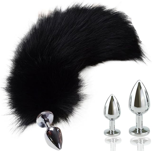 Anal Plug for Cosplay Stainless Steel Real Fox Tail Anal Plug Sex Toys Tail Plug Balck-Tail