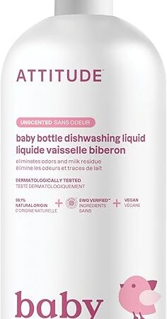 ATTITUDE Baby Bottle & Dish Soap, EWG Verified Natural Dishwashing Liquid, Unscented, Removes Milk Residue & Grease, Vegan & Fragrance-Free, 237 Fl Oz