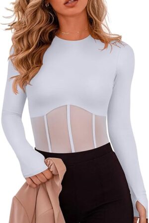Women's Trendy Sexy Crew Neck Thumbholes Long Sleeve Sheer Mesh Going Out Bodysuit Tops