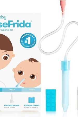 Frida Baby Saline Kit, Includes NoseFrida Nasal Aspirator for Baby, Baby Nose Sucker, Saline Nasal Spray for Babies with 10 Extra Hygiene Filters, Nasal Spray Decongestant, 068 fl oz