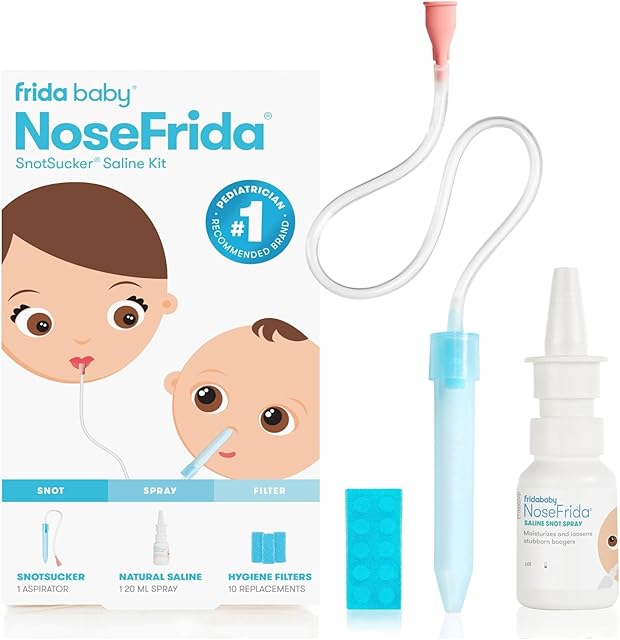 Frida Baby Saline Kit, Includes NoseFrida Nasal Aspirator for Baby, Baby Nose Sucker, Saline Nasal Spray for Babies with 10 Extra Hygiene Filters, Nasal Spray Decongestant, 068 fl oz