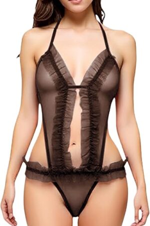 Womens Sexy Sheer Mesh Bodysuit Plunging V Neck Lingerie Swimsuit T-back Leotard Nightwear