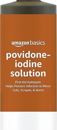 Amazon Basics First Aid Antiseptic, 10% Povidone Iodine Solution First Aid Antiseptic, Unflavored, 8 Fluid Ounces, 1-Pack (Previously Solimo)