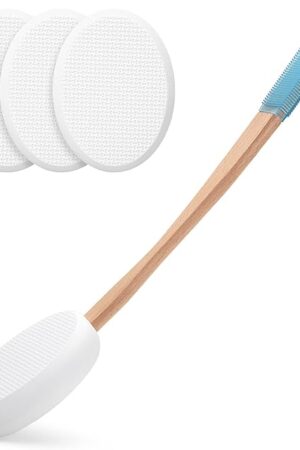 AmazerBath Lotion Applicator for Back, Feet, 4 Replacement Pads with 17" Curved Handle, Back Sunscreen Applicator for Kids, Elderly, Women, Apply Skin Cream Medicine Moisturizer Tanner, White